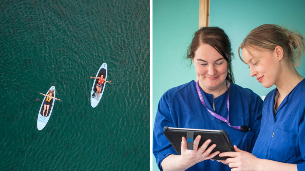 Sammensatt bilde med to personer på SUP-brett og to personer i sykepleieruniform