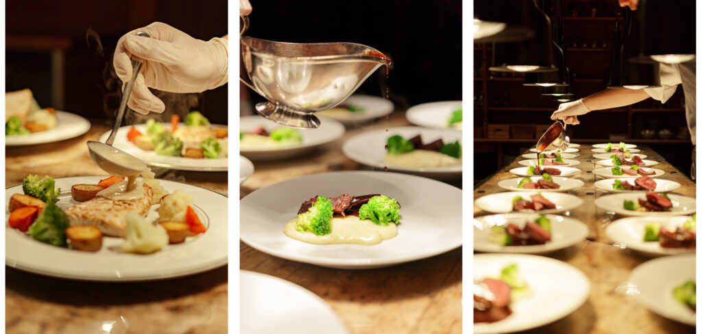 Tre bilder av mat servert på fin restaurant