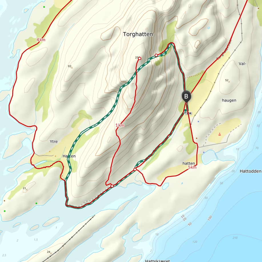Kart over turen gjennom og rundt Torghatten-hullet