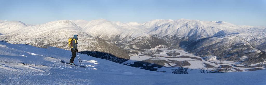 Kvinne på topptur høyt på fjellet står stille på skiene og ser utover dalen under seg