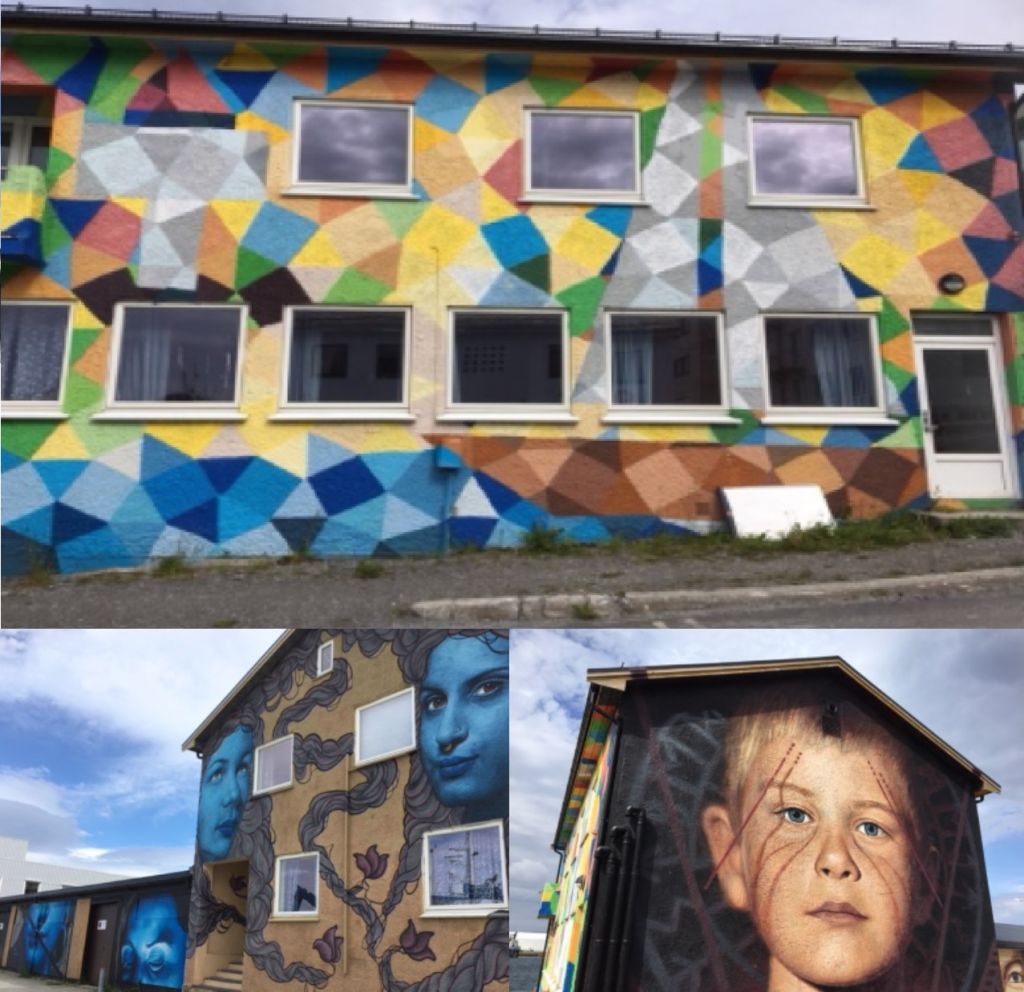 Bildekollasje av gatekunst i Sandnessjøen med maleri av ansikter og mønstret design på bygningsvegger i sentrum av Sandnessjøen