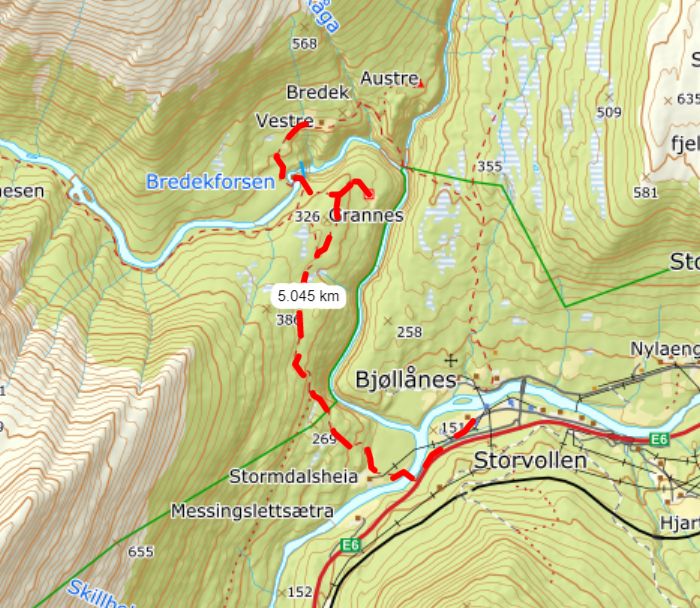 Kart med rute til Granneset og Bredek
