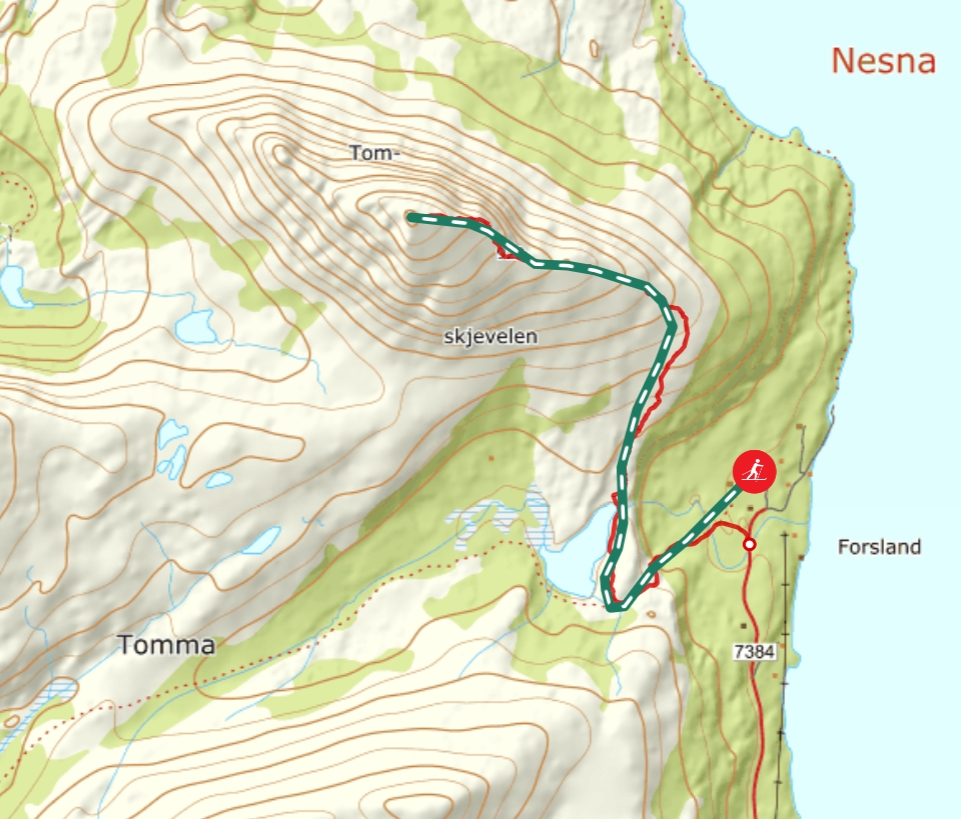 Skjermbilde av kart for topptur til Tomskjevelen
