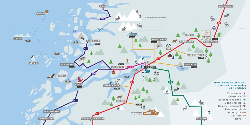 Illustrert kart over Mo i Rana med nærliggende områder