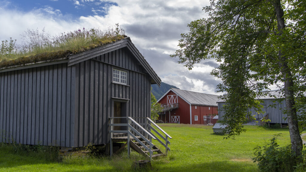 Gamle gårdsbygg på bygdetun en sommerdag