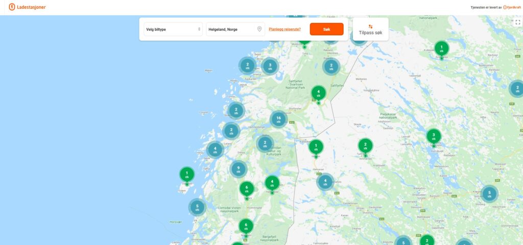 Skjermbilde fra oversikten over ladestasjoner på Helgeland fra nettsiden ladestasjoner.no