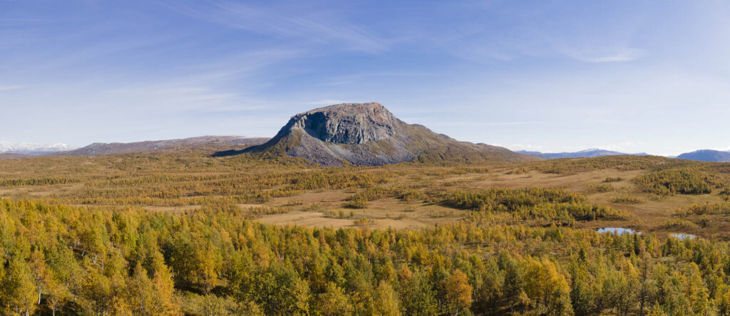 Fjellet Hatten i Hattfjelldal sett fra høyden med høstgul bjørkeskog i forgrunnen, en solskinnsdag midt i september