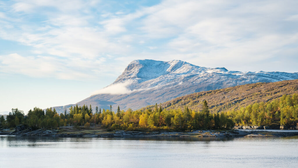 Kjerringtinden i bakgrunnen og Røssvatnet i forgrunnen med høstgul fjellskog i mellom