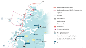 Grafisk reisekart for Helgeland hvor hurtigbåtruta Nordlandsekspressen er fremhevet