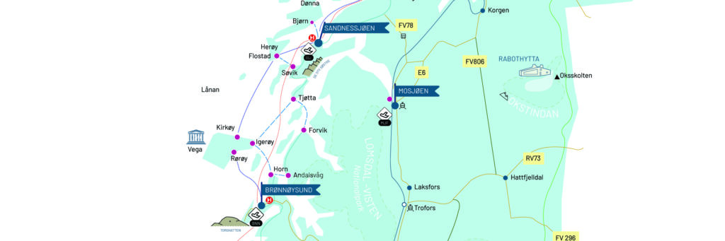 Grafisk reisekart med utsnitt med Brønnøysund og Sandnessjøen