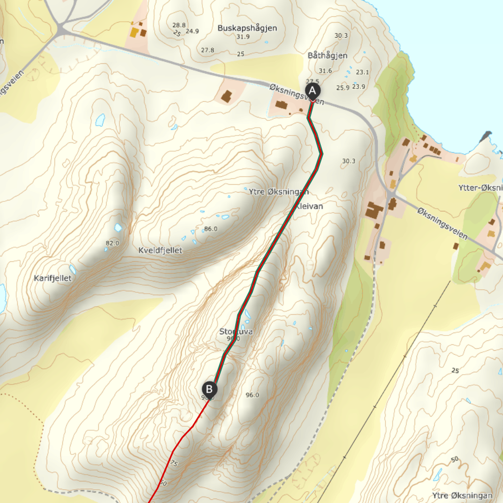 Kartutsnitt med rute til Stortuva i Herøy