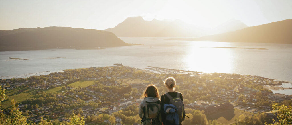 Nesna in the midnight sun seen from Hammarøytinden