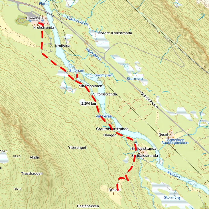 Kartutsnitt med turrute til Breidal