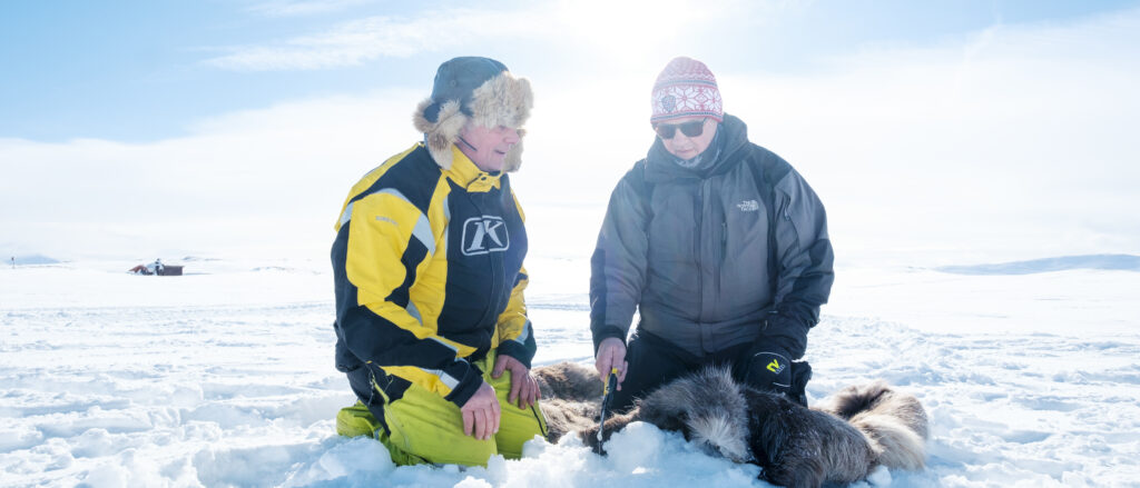 Gruppe med reisende som lærer isfisking på fjellet på vinteren