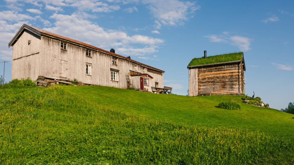 Gammelstua og Gjestehuset med grønn plen foran og blå himmel.