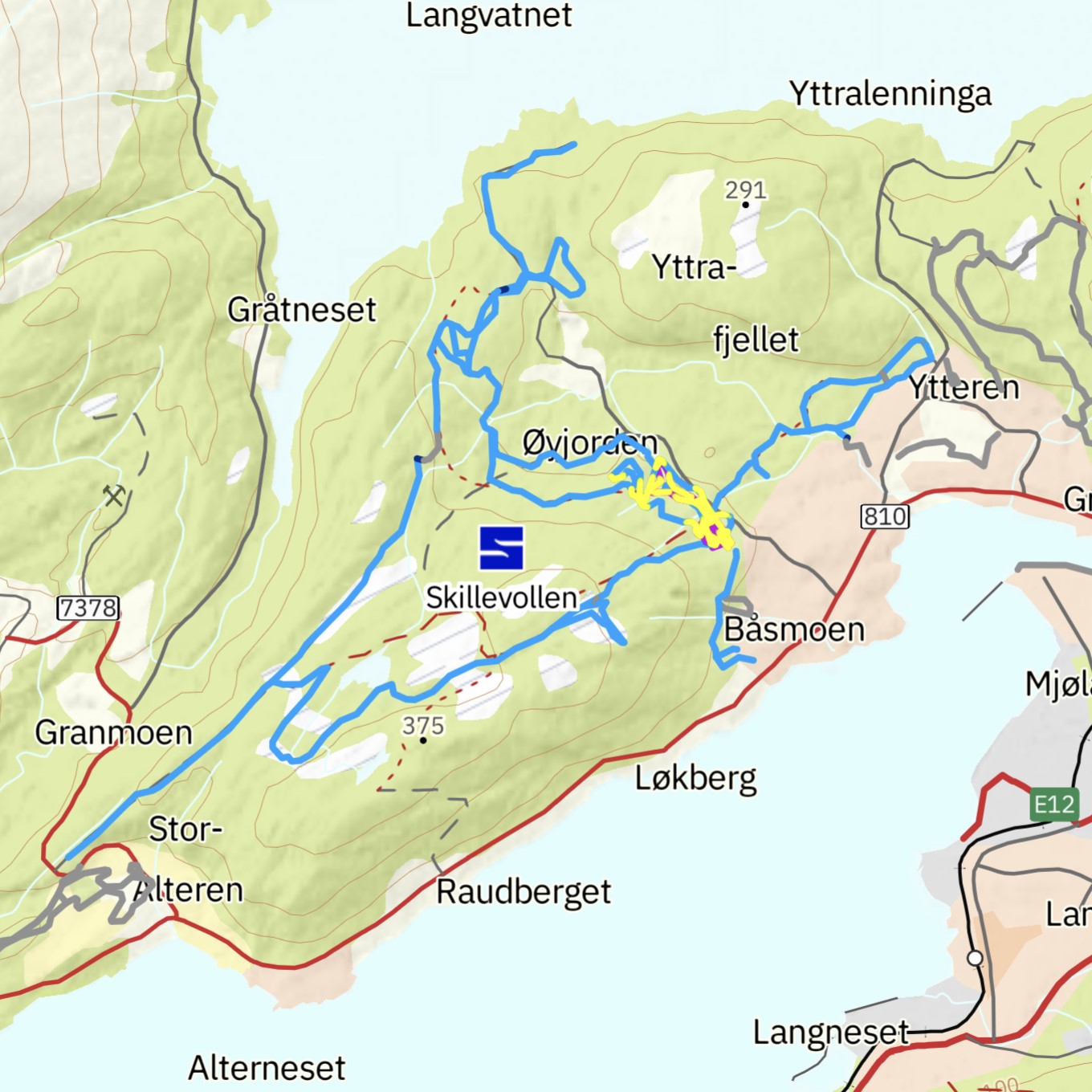Kart over skiløypene rundt Skillevollen og Båsmofjellet