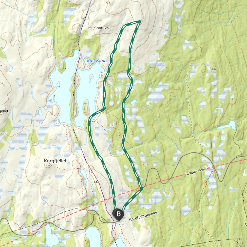 Kart for turen fra Korgfjellet Fjellstue til Snøtuva