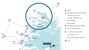 Illustrert reisekart med markering på Meløy