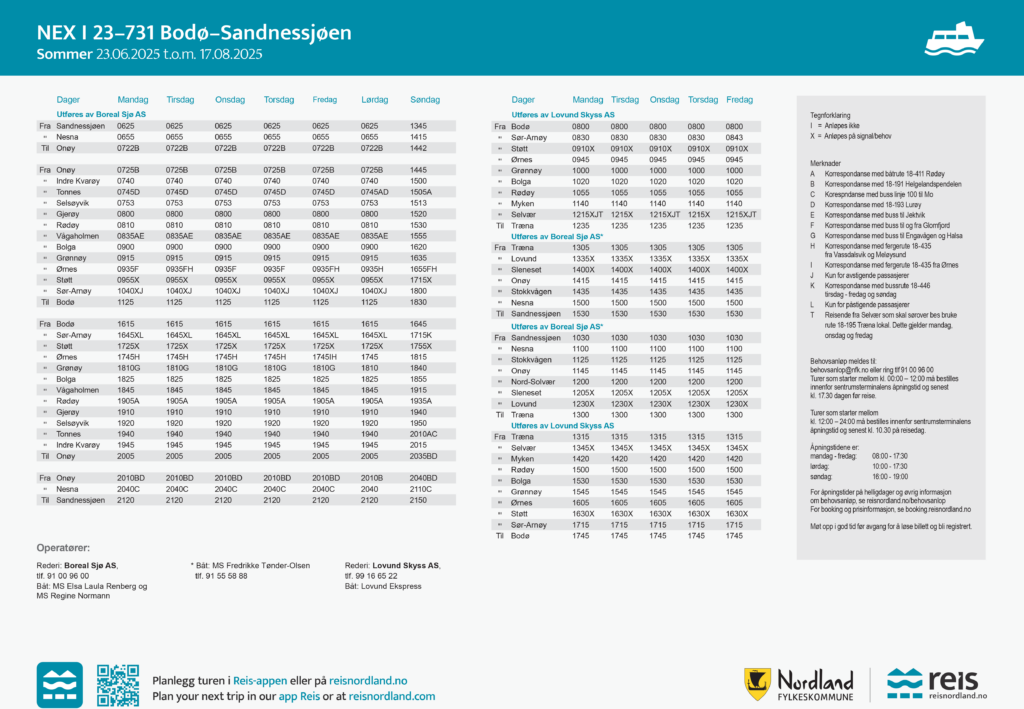 Rutetabell for sommerruta NEX 1