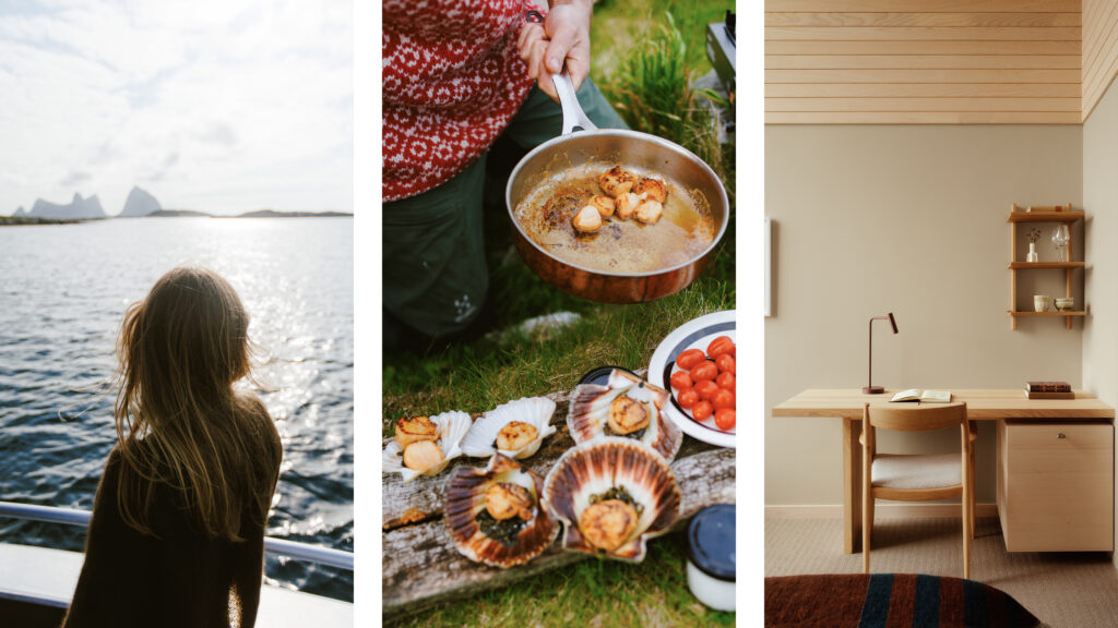 Kollasj av bilder fra Ytri: Kvinne på båt, person steker kamskjell ute, rom