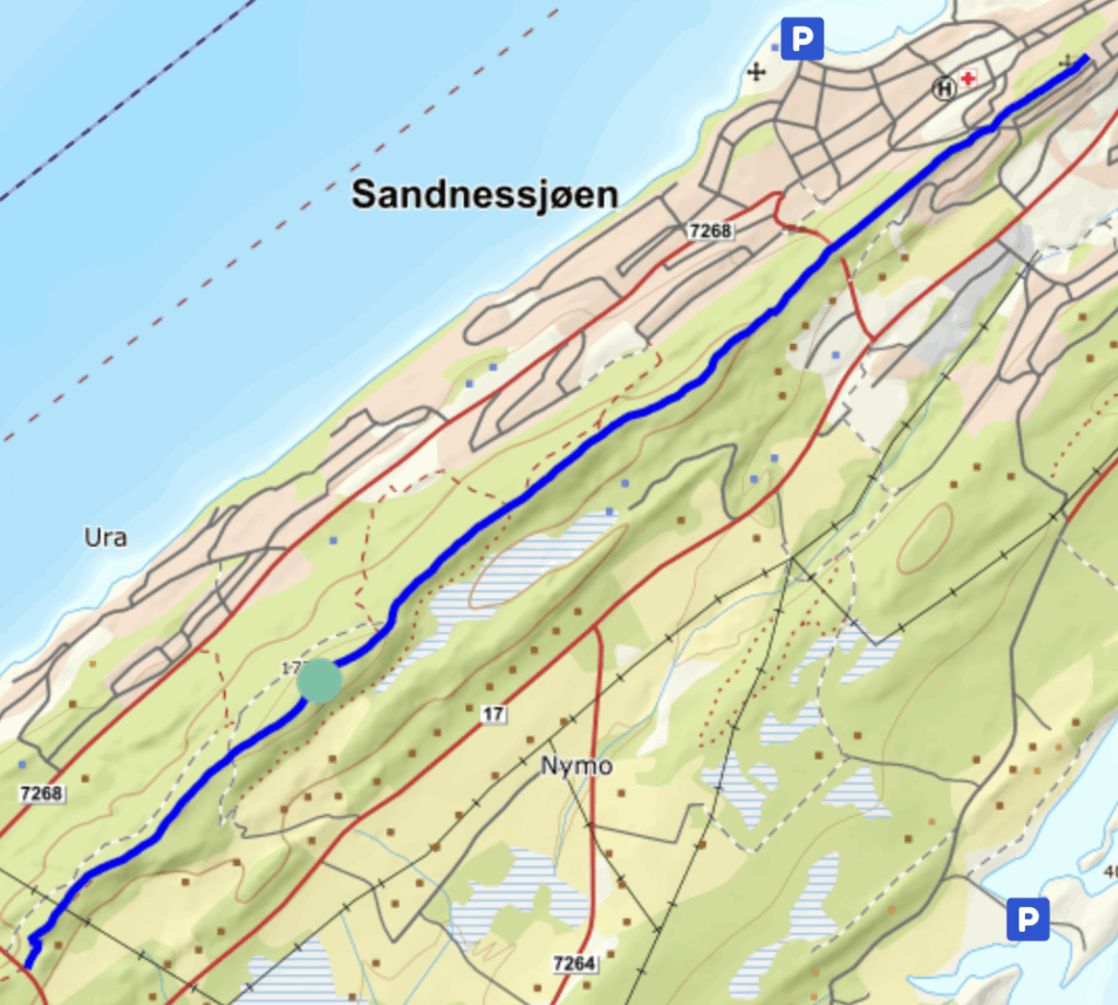 Kart over tursti i åsen i Sandnessjøen