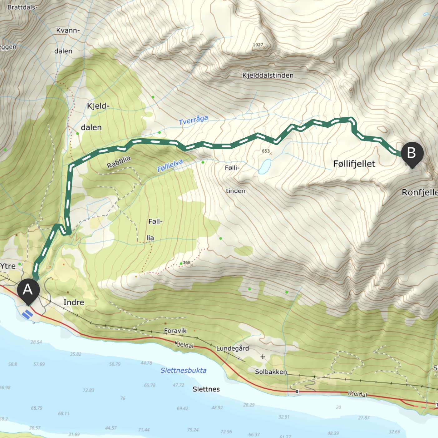 Kartbilde over turen til Ronsfjellet