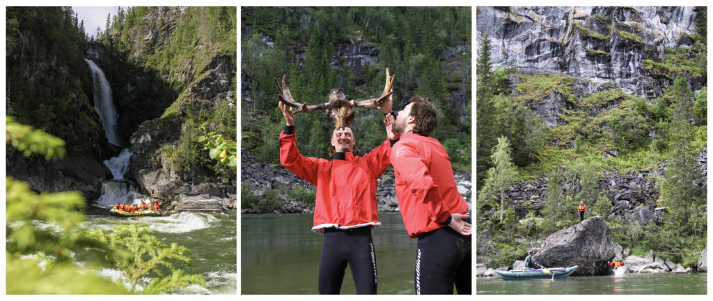 Sammensatt bilde av personer på leverafting. Bilde 1 viser gummiflåten med raftere oppi og en foss i bakgrunnen, bilde 2 viser to personer som holder opp en hodeskalle fra en elg, og bilde 3 viser flere personer som klatrer på en stor stein langs elva