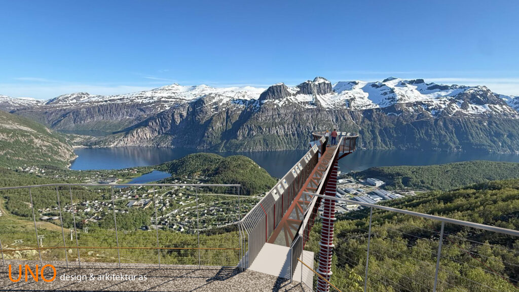 Illustrasjonsbilde av en skywalk med utsikt over fjell og fjord